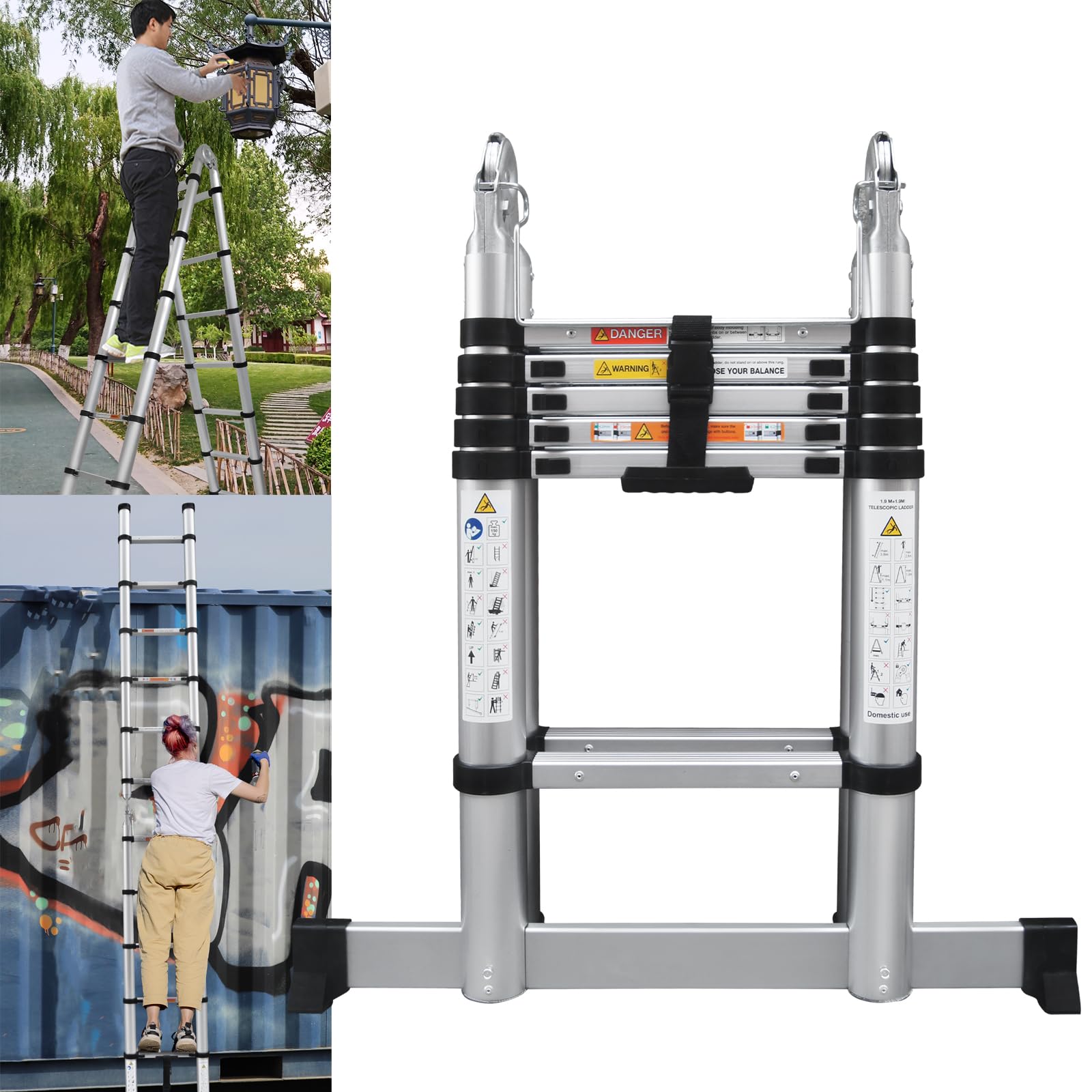 Escaleras Telescópicas 3.8m/1.9m+1.9m Escalera Plegable de Aluminio, Escalera Multiusos, Extensible y Portátil, Carga MáXima 150kg, CertificacióN de Seguridad EN131