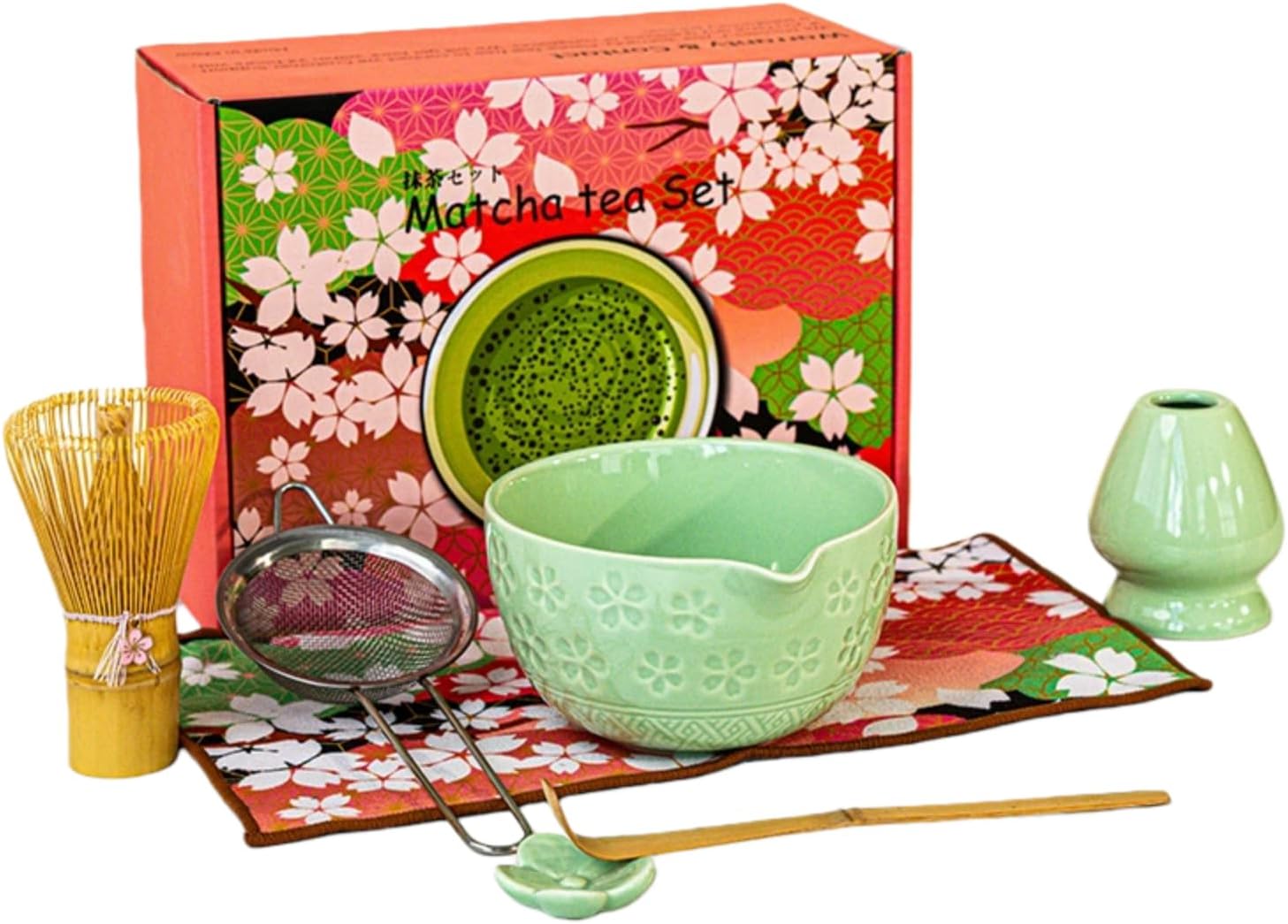 8PCS Japanese Matcha Whisk Set -With Ceramic Bowl (Spout Design),Bamboo Whisk and Holder,Scoop, Scoop Rest, Tea Towel,Sifter Kit for Lovers - Ideal for Daily Use, Ceremonial Use & Gifts(ALL) (Green)
