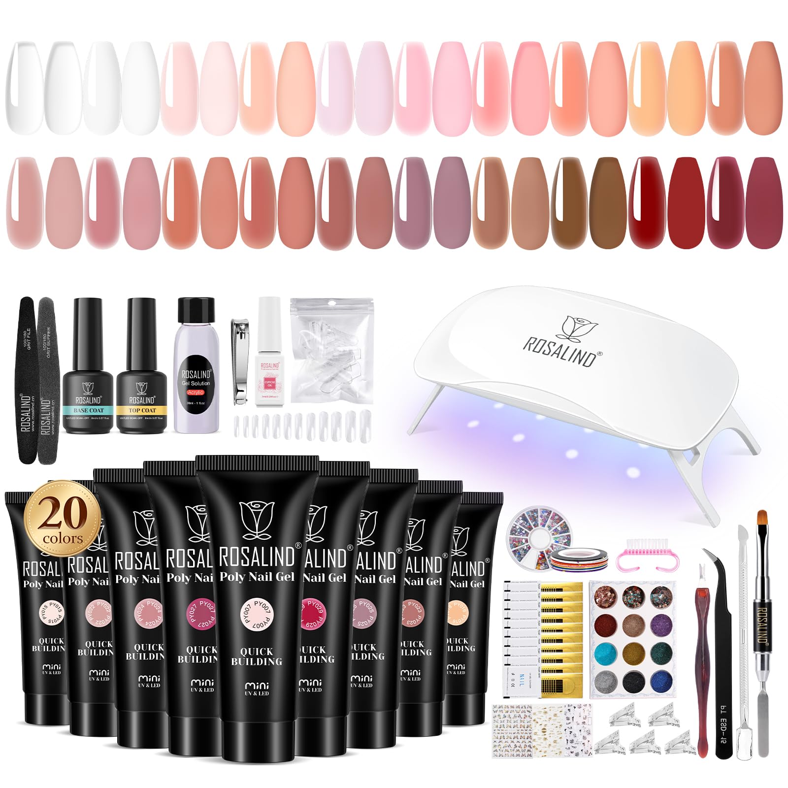 ROSALIND Poly Nail Gel Kit -20PCS White Clear Poly Nails Gel Kit Starter Kit With Slip Solution Pro Nude Pink Nail Extensions Gel Set With Mini UV Lamp Drill Nail Art Nail Art Builder Kit
