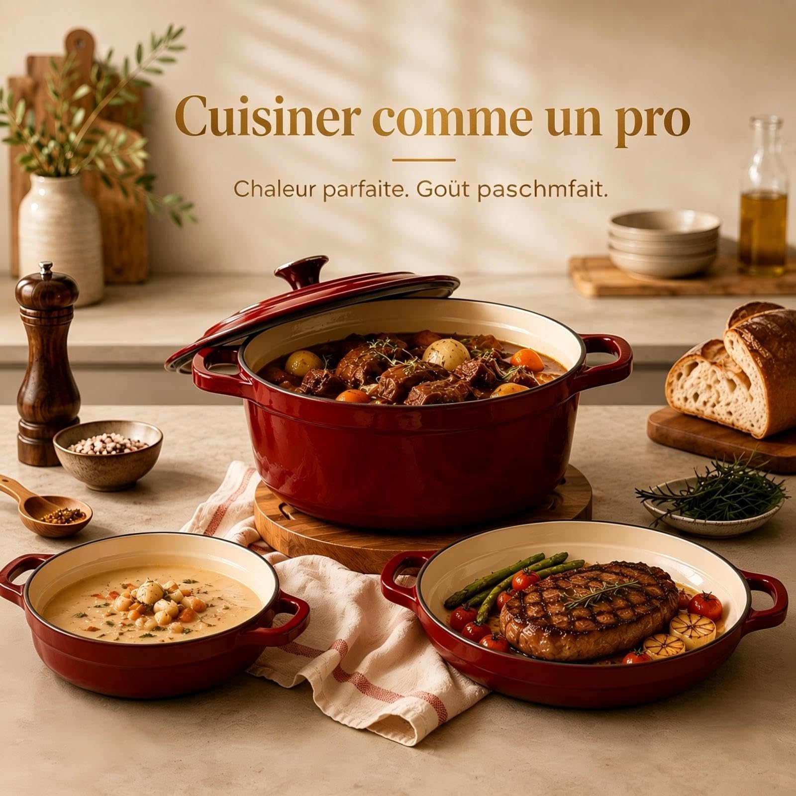 AHJ 4 Casseroles en Fonte Émaillée, Ensemble de cocottes avec poêle à Pain de 4,5 L, rôtissoire de 2,5 L, poêle à Griller de 1,2 L et Couvercle, antiadhésif, va au Four jusqu'à 260°C, Rouge