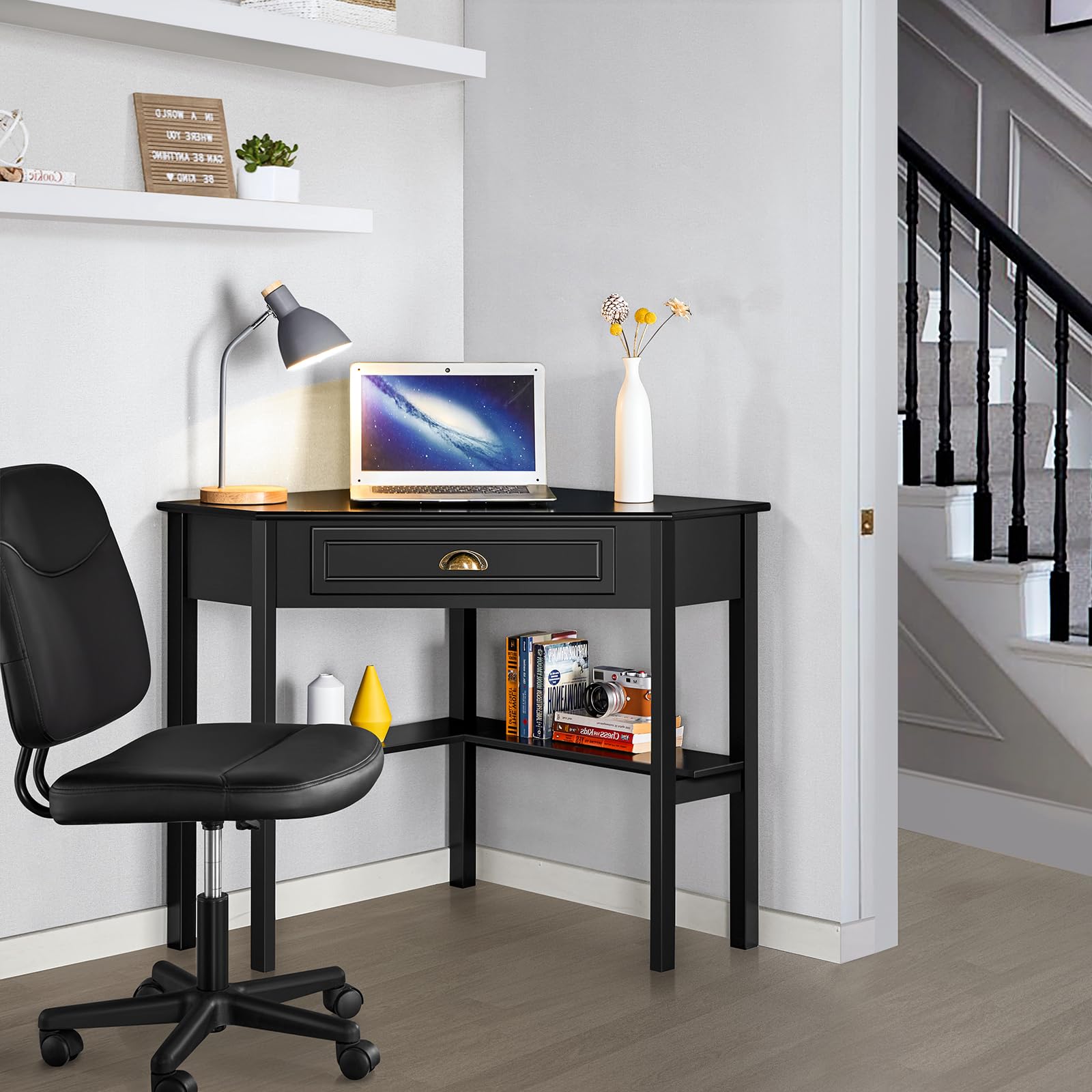 Yaheetech Bureau d'angle Poste de Travail Informatique Bureau en Bois avec Tiroir et Étagère de Rangement Design Classique et Élégant 106 × 71,5 × 76,5 cm Blanc