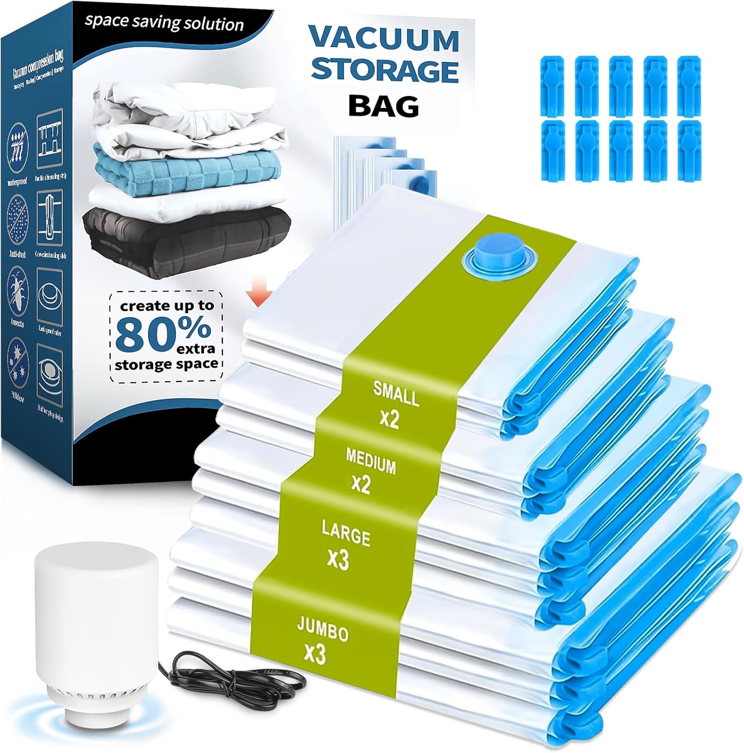 NXPZ Vacuum Storage Bag with Electric Pump, 10 Reusable Bags (3 Jumbo 100 x 80 cm, 3 Large 80 x 60 cm, 2 Medium 70 x 50 cm, 2 Small 60 x 40 cm), for Travel and Daily Storage