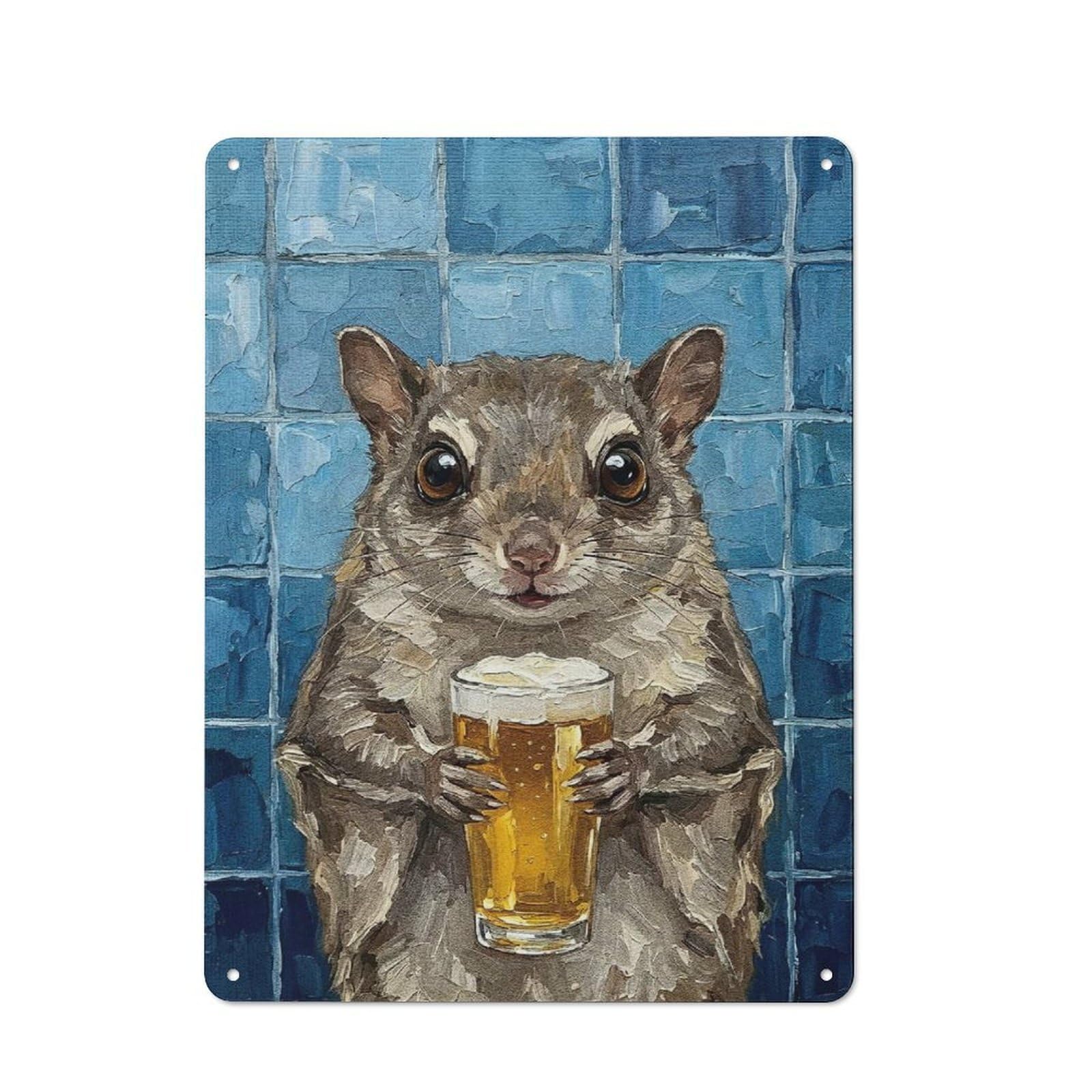 Character Decorative Tin Plaque 40x30cm Featuring Squirrel with Beer Painting, Home Wall Decor for Flat, Dorm Room, Lounge Or Cafe