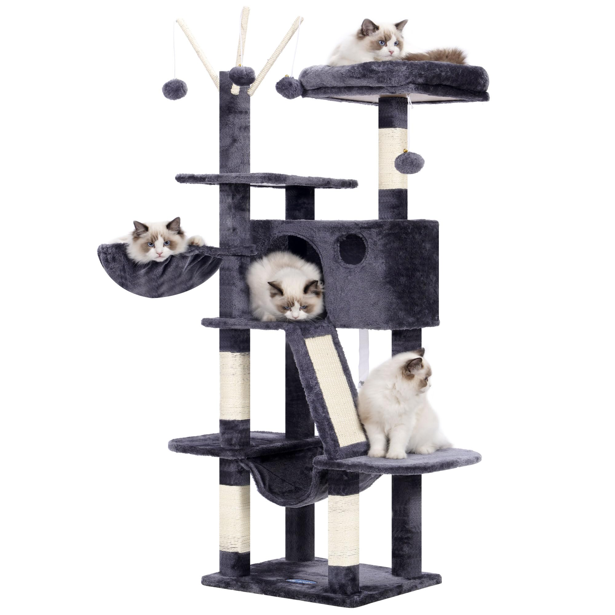 Hey-brother Kratzbaum, 135 cm Indoor Katzenbaum, Mit gepolsterter Plattform Bett, Spielzeug Ball, Höhlen, Hängematte und Sisal Kratzbaum Katzenhaus, Rauchgrau MPJ019-SG