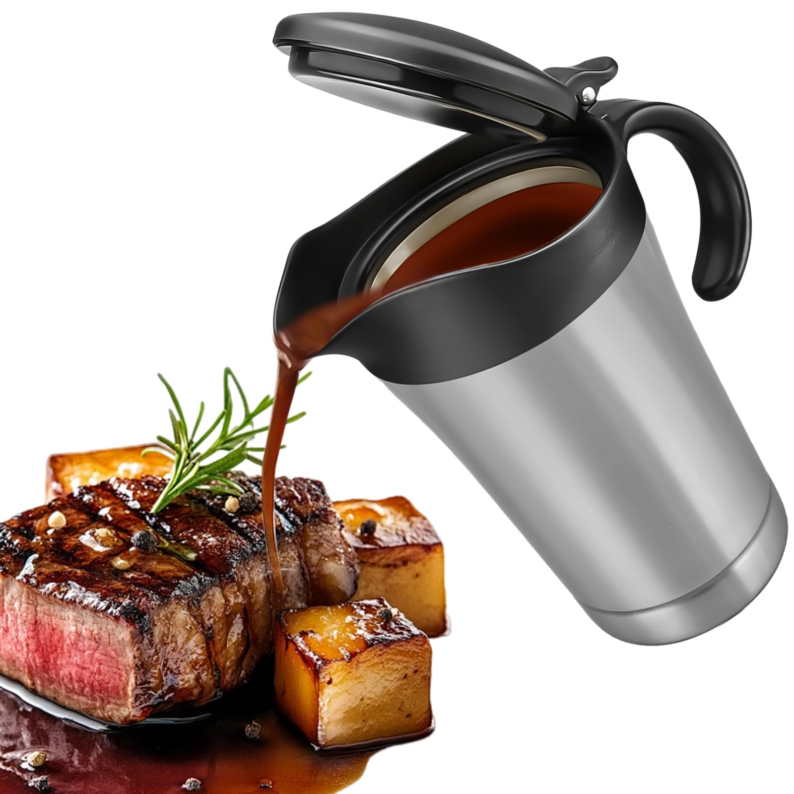 750ml Edelstahl Thermo Sauciere, Soßenkanne mit Klappdeckel, Doppelt Isoliert mit Henkel Thermosauciere, Eleganter Silberner Saucenkrug zum Servieren von Soße Sahne Hause oder auf Dinnerpartys