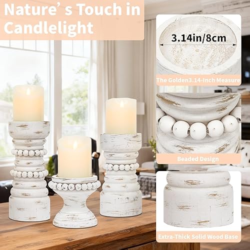 Miniatura 4 de MODE HOME Juego de 3 portavelas de madera rústica, portavelas de pilar de madera con cuentas de granja, portavelas para velas de pilar y