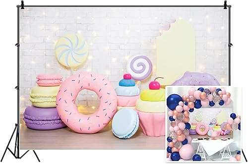 Miniatura 2 de Haoyiyi Hansel y Gretel Candy Kingdom - Telón de fondo de dibujos animados con forma de dona, pastel, postre, pared de ladrillo blanco, fondo para