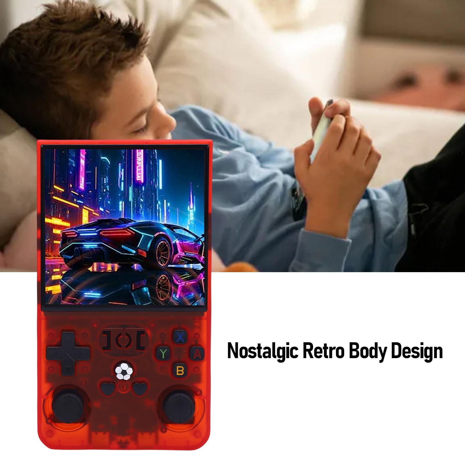 Denash Konsole Gier Handheld, RK3326 4 "720p Screen Retro Player z baterią 4000 MAh i 30+ Emulatorami (przezroczysty czerwony) (128G)