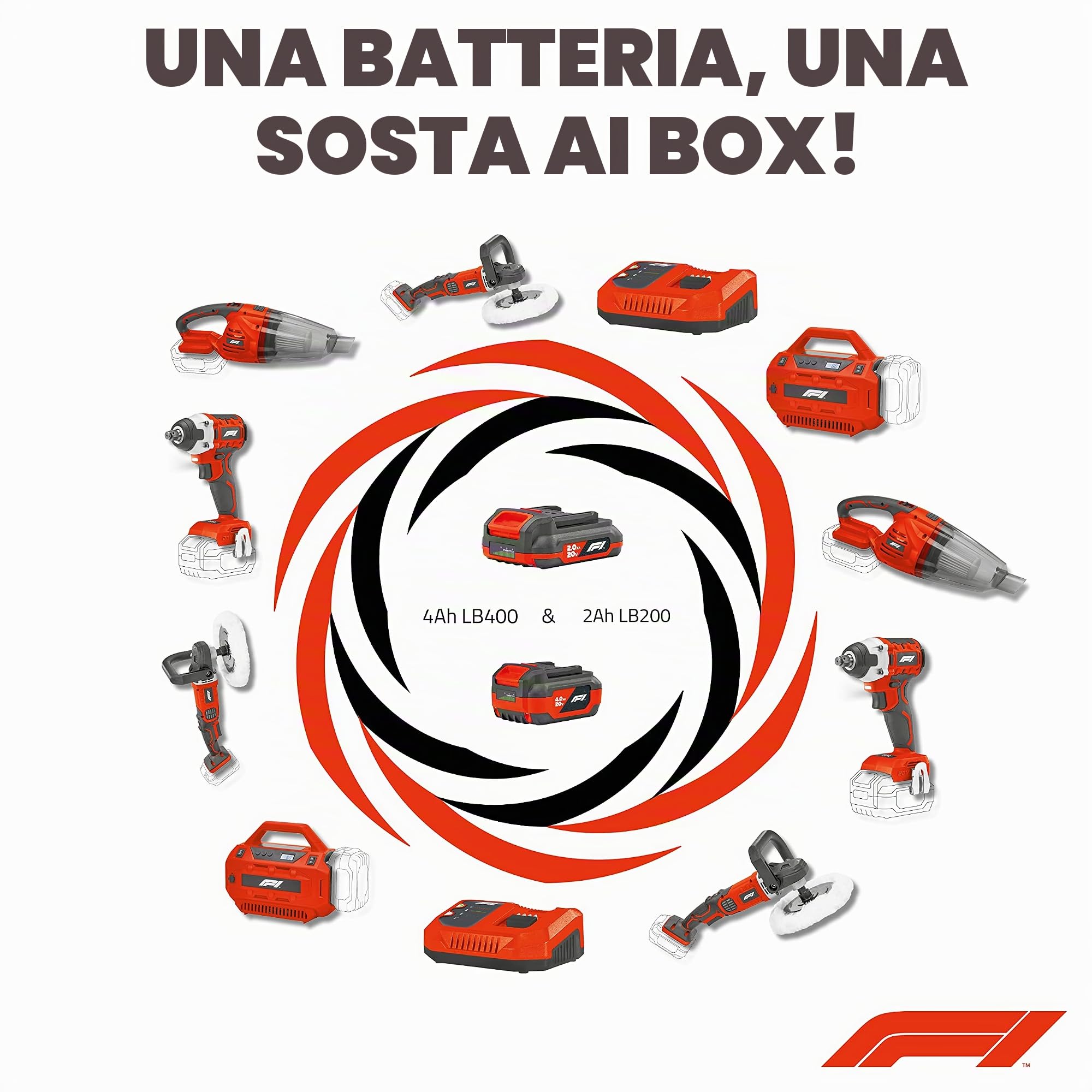 Formula 1 Batteria agli ioni di litio 10786, 20 V, 4,0 Ah, resistente agli ioni di litio, adatta per tutti i dispositivi Formula 1 senza fili, nero/rosso