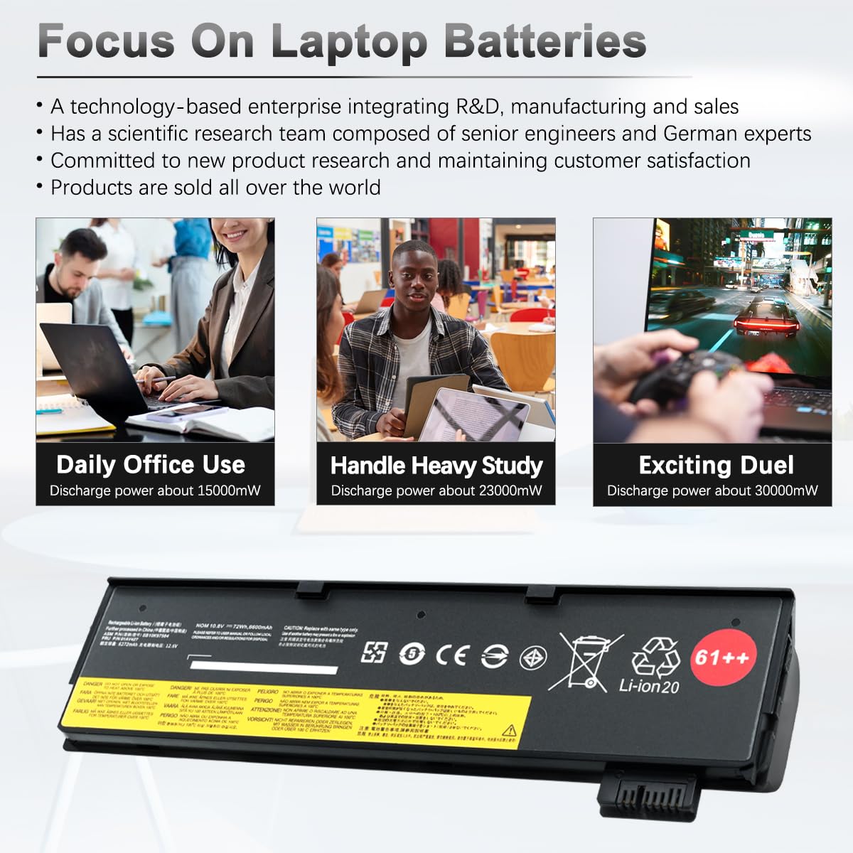 72Wh 61++ T480 T470 Externe Batterie Compatible avec Lenovo ThinkPad T570 T580 A475 A485 P51s P52s TP25 Série 01AV427 01AV428 01AV492 SB10K97584 SB10K97585 4X50M08812 10.8V