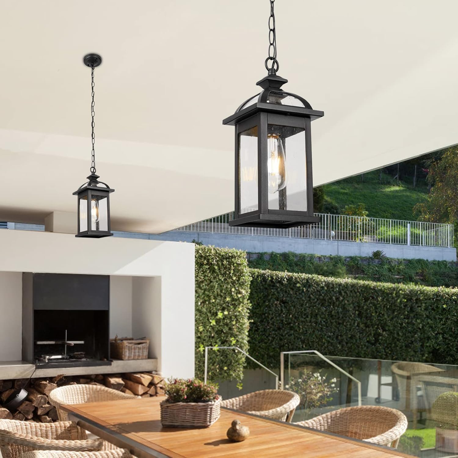 Darkaway Outdoor Pendant Light Fixture Lantern, Hanging Porch Light with Glass Aluminum Outdoor Pendant Lights for Porch, Patio, Entryway (2 Pack, Black)