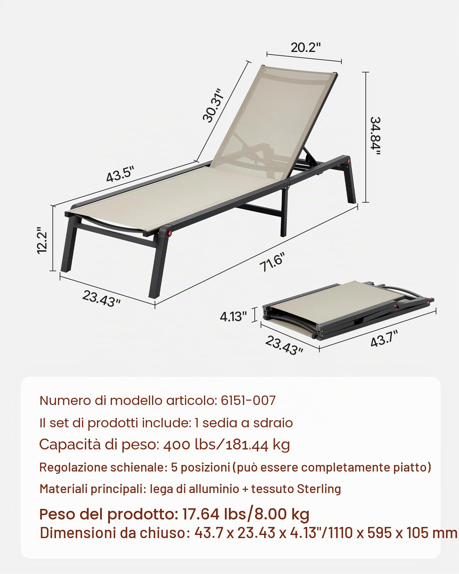 VEVOR Lettino Prendisole Pieghevole Capacità di Carico 181,44 kg, Sedia da Giardino Pieghevole Reclinabile, in Alluminio, con 5 Posizioni Regolabili, per Esterni, Piscina, Spiaggia, Terrazza