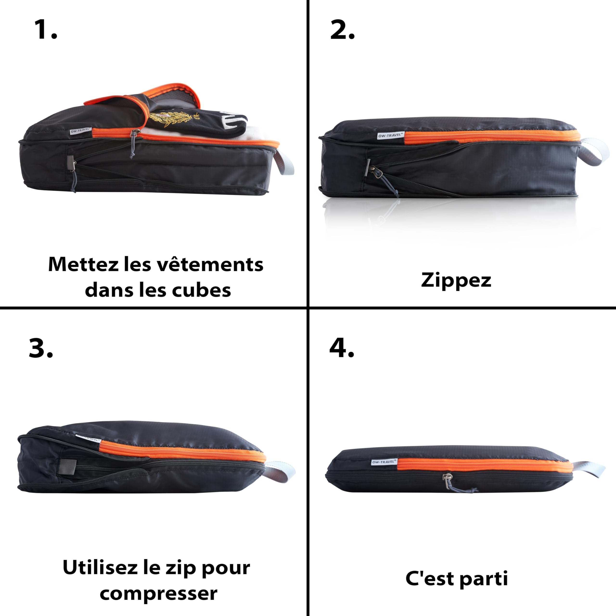 OW-Travel Organisateur de Valise Compressible (4 pièces, Moyen, Noir) Organisateur Valise, Sac de Compression Voyage. Organiseurs de Bagage, Pochette Rangement Voyage pour Sac à Dos. Packing Cubes
