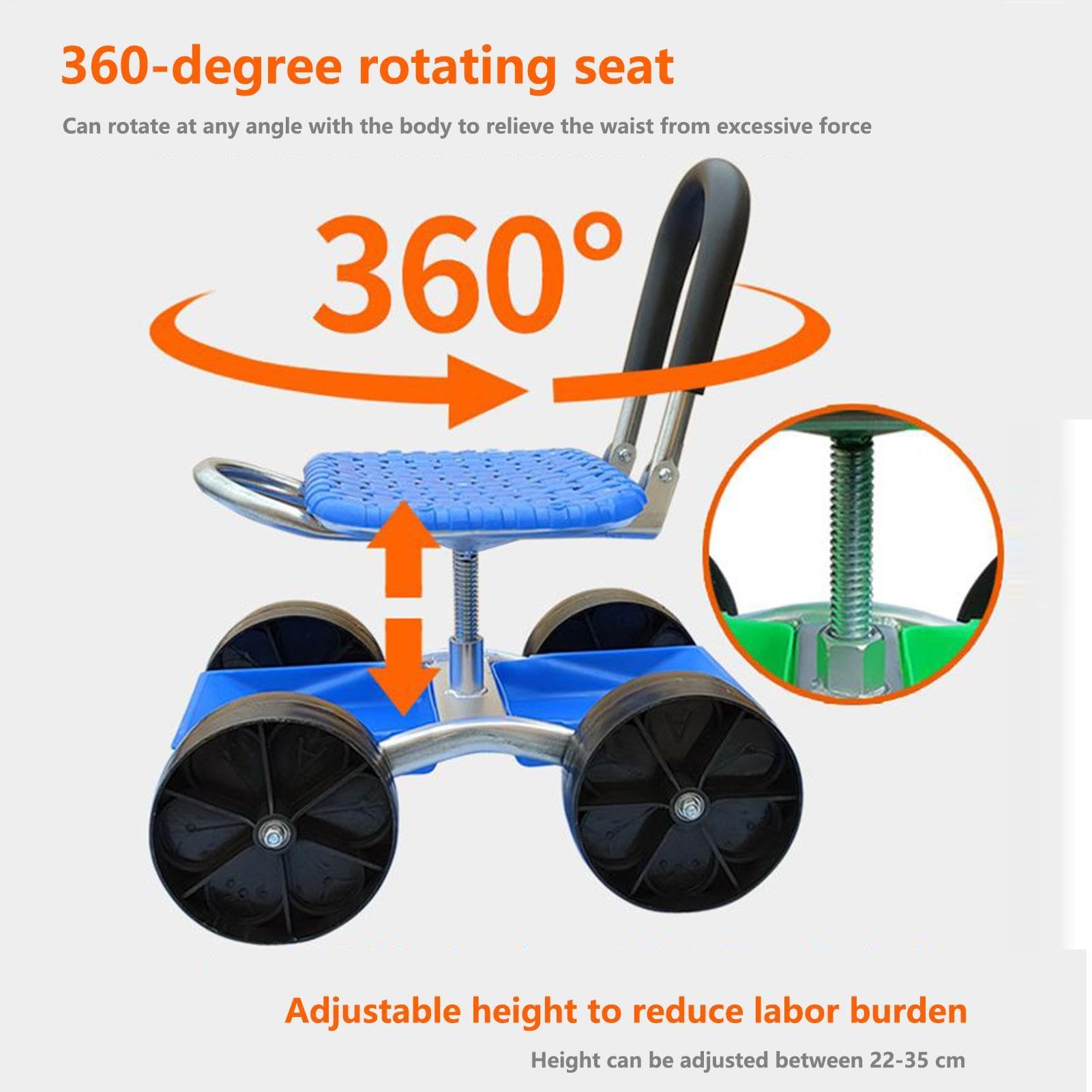 de jardín con asiento Silla giratoria 360 grados con ruedas | Taburete rodante para jardinería para exteriores jardín patio césped granja plantar desherbar personas mayores hombres