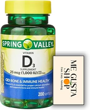 Essential Nutrient Vitamin D3, 25 Mcg 1,000 IU Softgels Spring Valley, 200 Count, Dietary Supplement + me Gusta Sticker