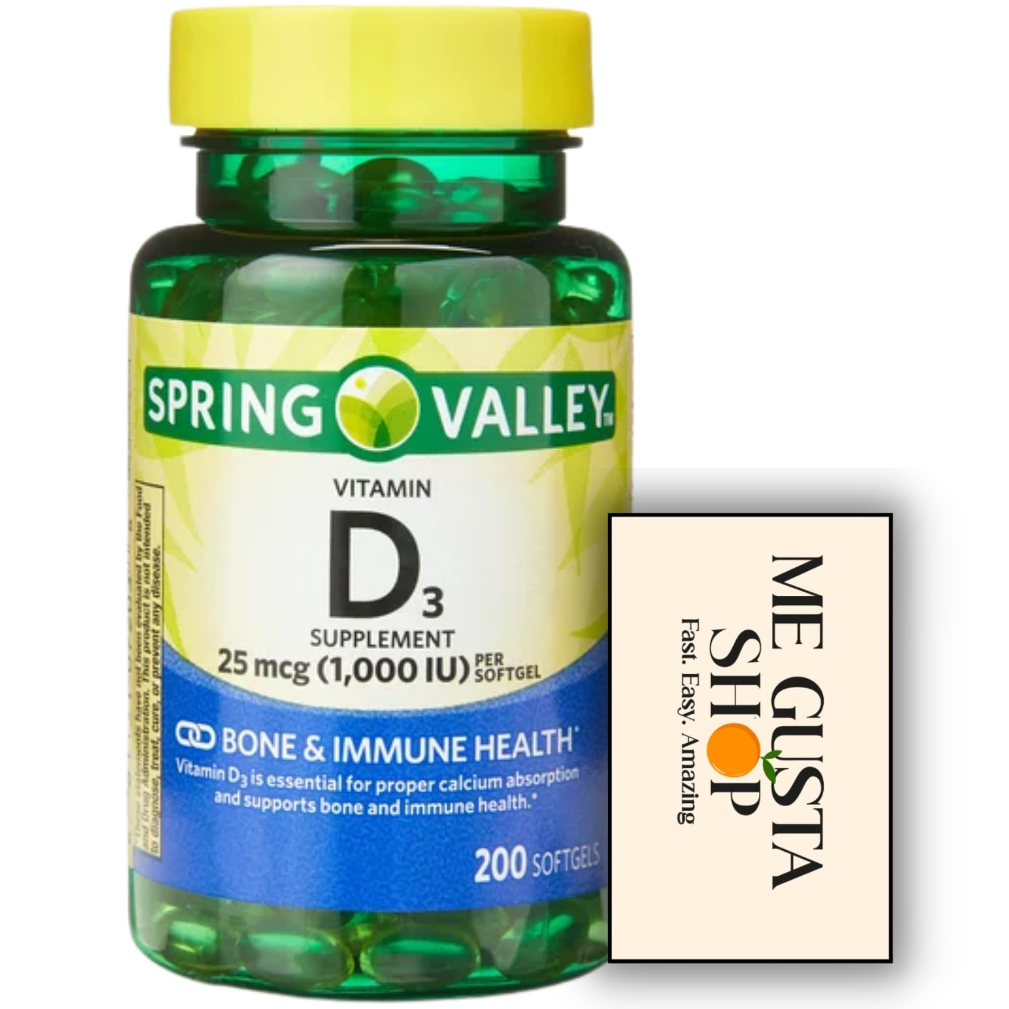 Essential Nutrient Vitamin D3, 25 Mcg 1,000 IU Softgels Spring Valley, 200 Count, Dietary Supplement + me Gusta Sticker