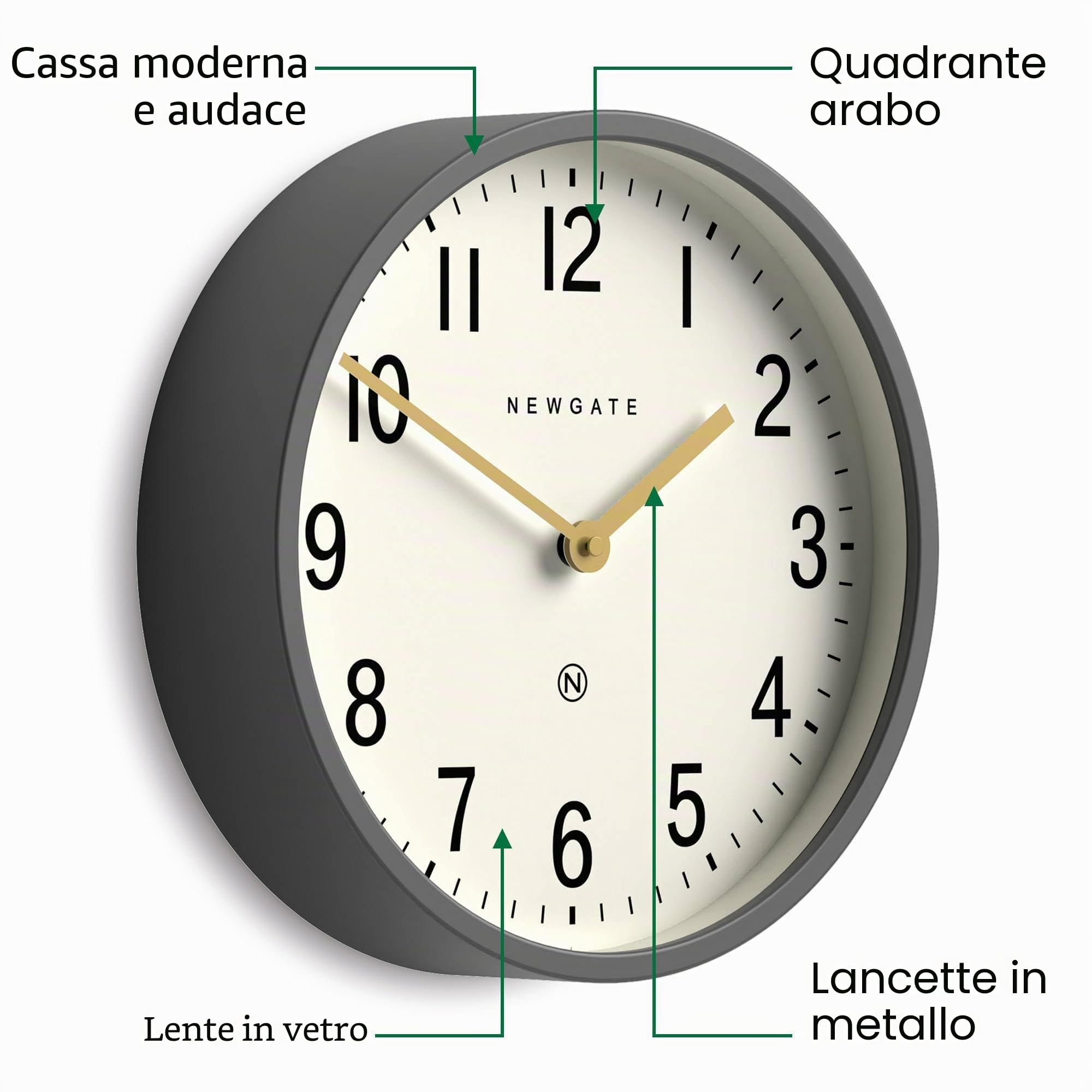 Newgate® Master Edwards Orologio a parete | Orologio in stile metà secolo | 30cm | Teca in metallo profondo grigio opaco scuro | Design moderno retrò per cucina, soggiorno o ufficio