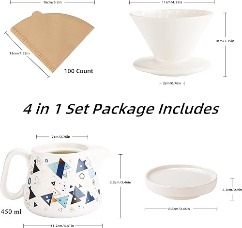Miniatura 5 de Cafetera vertida, gotero de café de cerámica con 100 filtros de papel tamaño 02, servidor de café de cerámica con tapa, 15.5 onzas, adecuado para