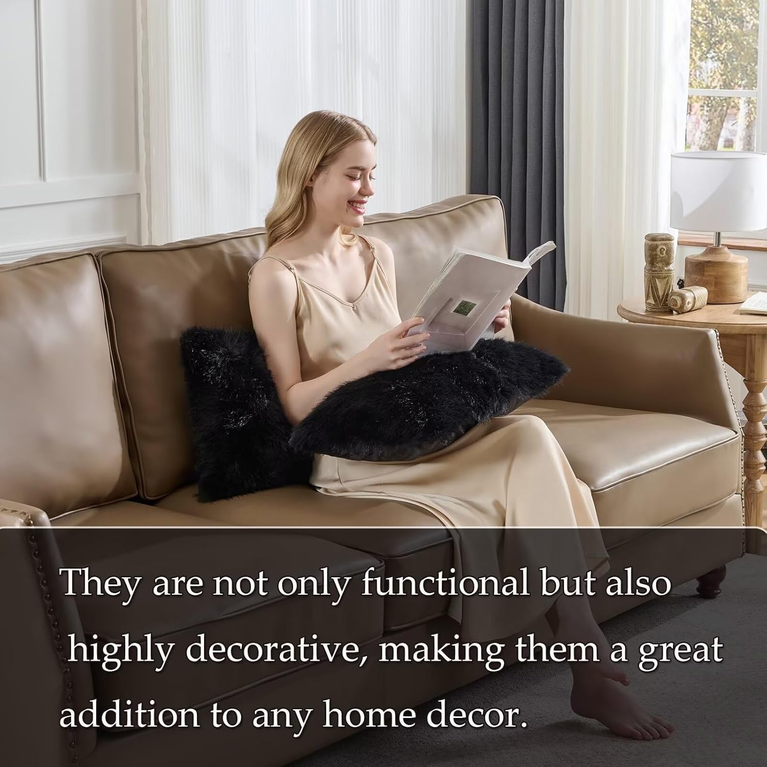 Decorative Throw Pillow Cover 18x18 Inch Set of 2,Super Soft Luxury Fluffy Fox Fur Pillowcase for Couch Sofa Bedroom Living Room Cushion Covers-Black