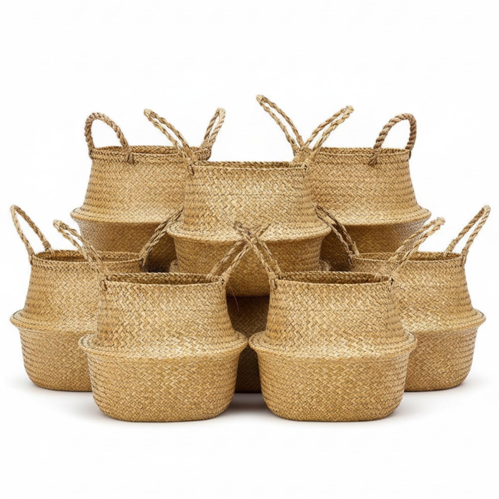 Qunclay 8 Pcs Woven Seagrass Baskets Belly Basket Folding Boho Natural Plant Pot with Handles Round Decorative Wicker Large Indoor Planter for Home