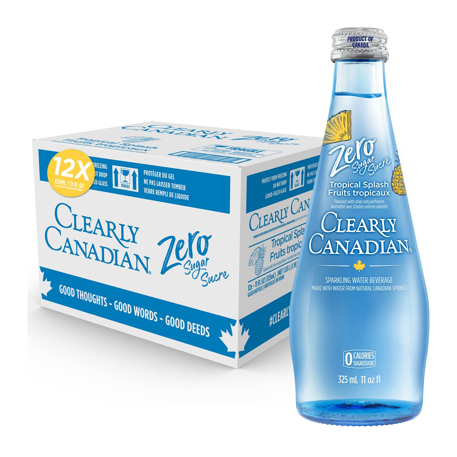 Clearly Canadian Zero Sugar Tropical Splash Sparkling Water Beverage, Zero Sugar & Zero Calories, 1 Case (12 Bottles x 325mL)