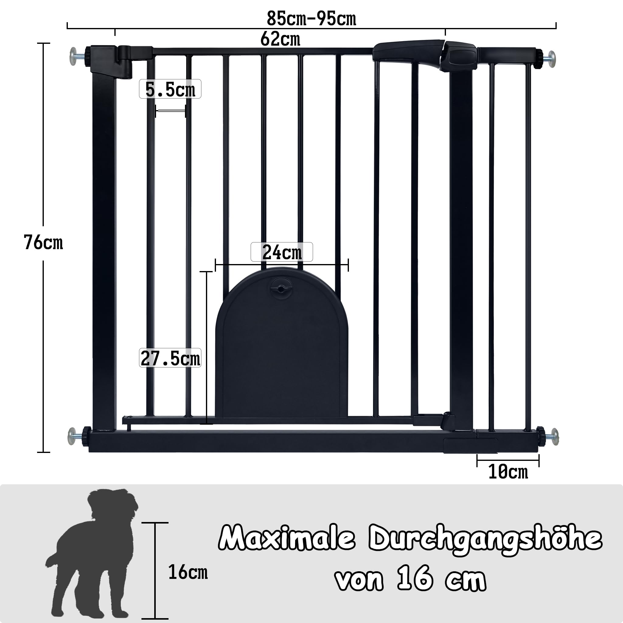 NAIZY Barrera de seguridad para niños, incluye puerta para animales, protección de escaleras N Stop Safety Gate con sin taladrar y rejilla metálica, ampliable con extensión separada, 85-95 cm de