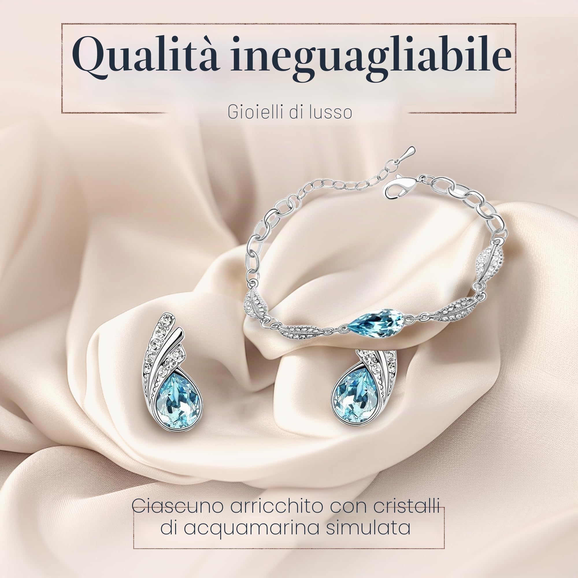 Crystalline Azuria Donna 18ct Placcato Oro Bianco Lacrima Cristalli Blu Acquamarina simulato Parure Collana Orecchini Bracciale