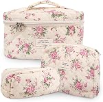GISMTR 3Pcs Coton Sac de maquillage matelassé Grand sac cosmétique de voyage Coquette Maquillage Pochette Mignon Sac de toilette Esthétique Florale pour femmes Filles, fleur-S, Mignon