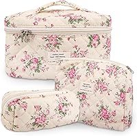 Vista 16 de Bolsa de maquillaje acolchada de algodón, 3 piezas, bolsa de cosméticos de viaje, bolsa de maquillaje floral, bolsa de aseo grande para mujeres