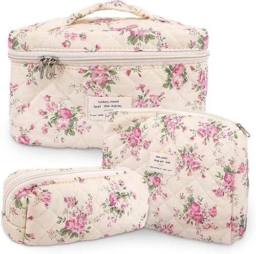 Miniatura 16 de Bolsa de maquillaje acolchada de algodón, 3 piezas, bolsa de cosméticos de viaje, bolsa de maquillaje floral, bolsa de aseo grande para mujeres