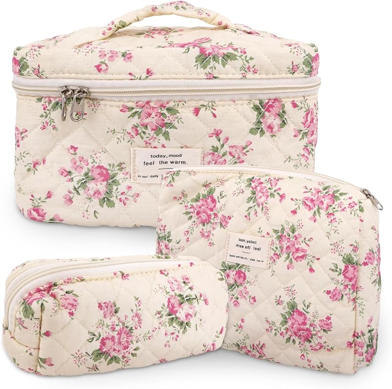 Necessaire de maquiagem GISMTR em algodão matelassê com estampa floral flower-M, Pacote com 3