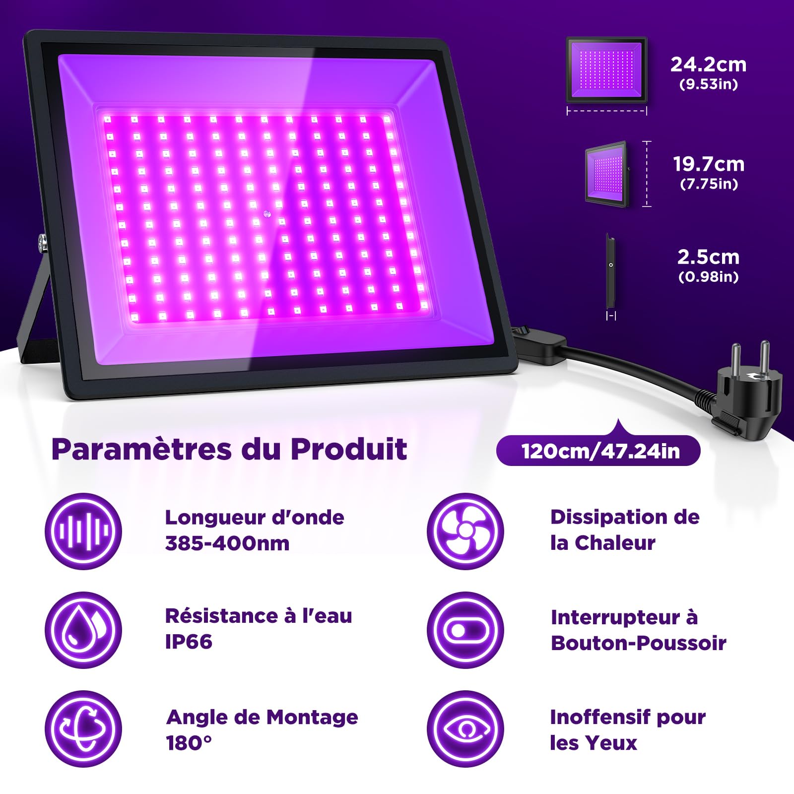 150W LED Lumière Noire, Lumiere Noire, Projecteur UV pour Noël, Halloween, Fête Néon Incandescente, Peinture Corporelle, Lumière UV de Durcissement de Résine, IP66 étanche (150W, 2pcs)