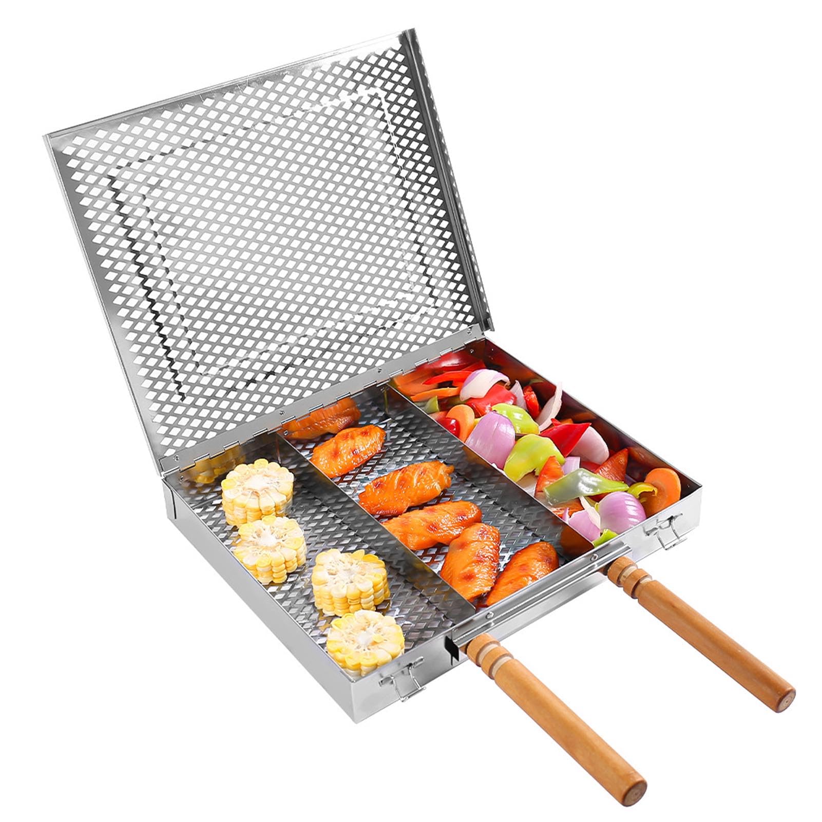 Generic Resistente Cestello per Griglia in Acciaio Inossidabile con Divisori Rimovibili per Grigliare Bistecche di Pesce e Gamberetti, per Feste Sul Prato del Fine Settimana, Viaggi in Campeggio,
