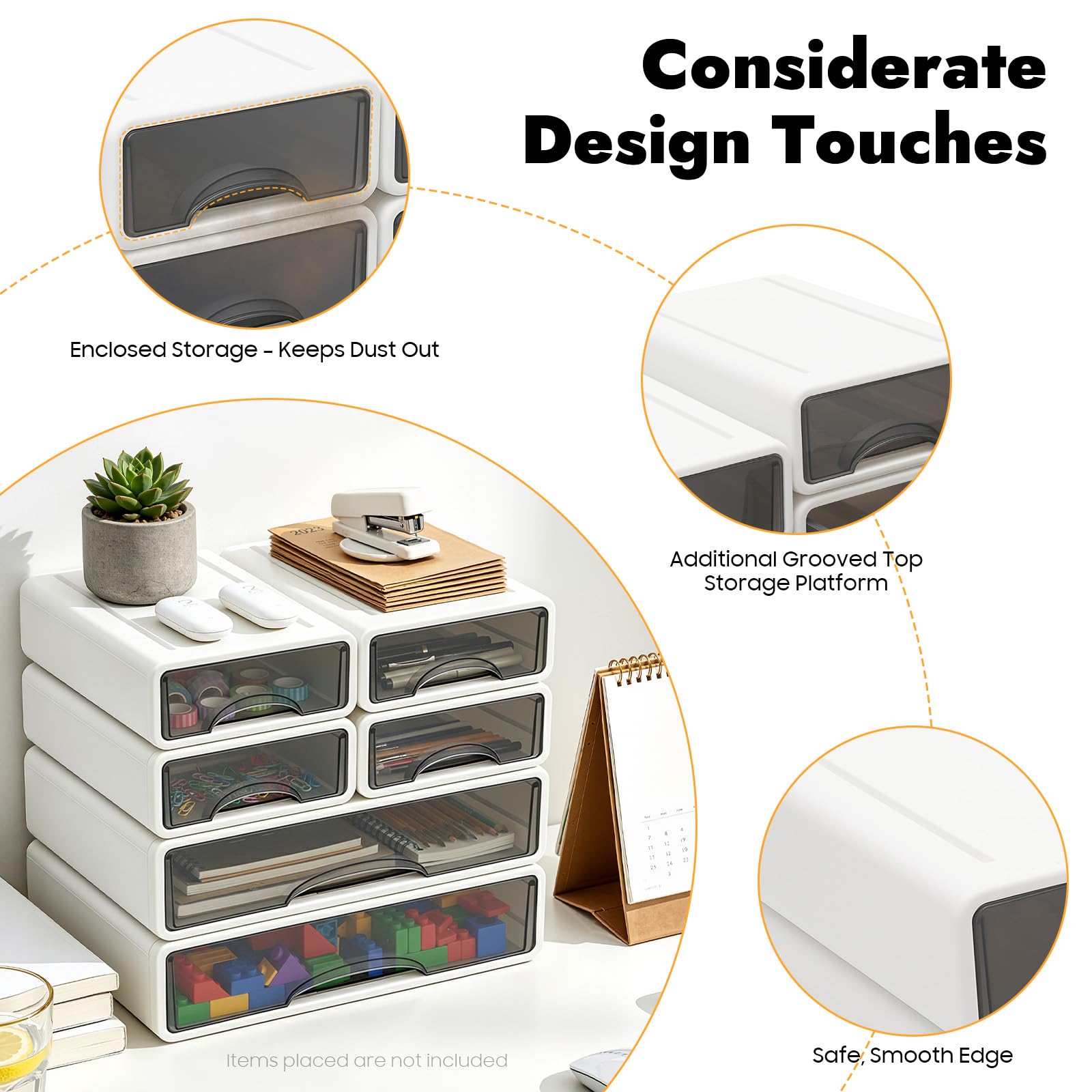 Organizer da scrivania, contenitore da ufficio con 6 cassetti, 2 grandi + 4 piccoli oggetti da scrivania, impilabile, 34 x 25 x 33 cm, bianco