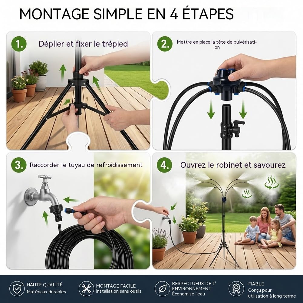 Brumisateur sur Pied - Système de Brumisateurs Debout pour Terrasse Extérieure Réglable, Brumisateur Portable avec Tuyau de 8 m et 4 Buses de Brumisation pour Jouer à la Brume, Jardin (1 Kit)