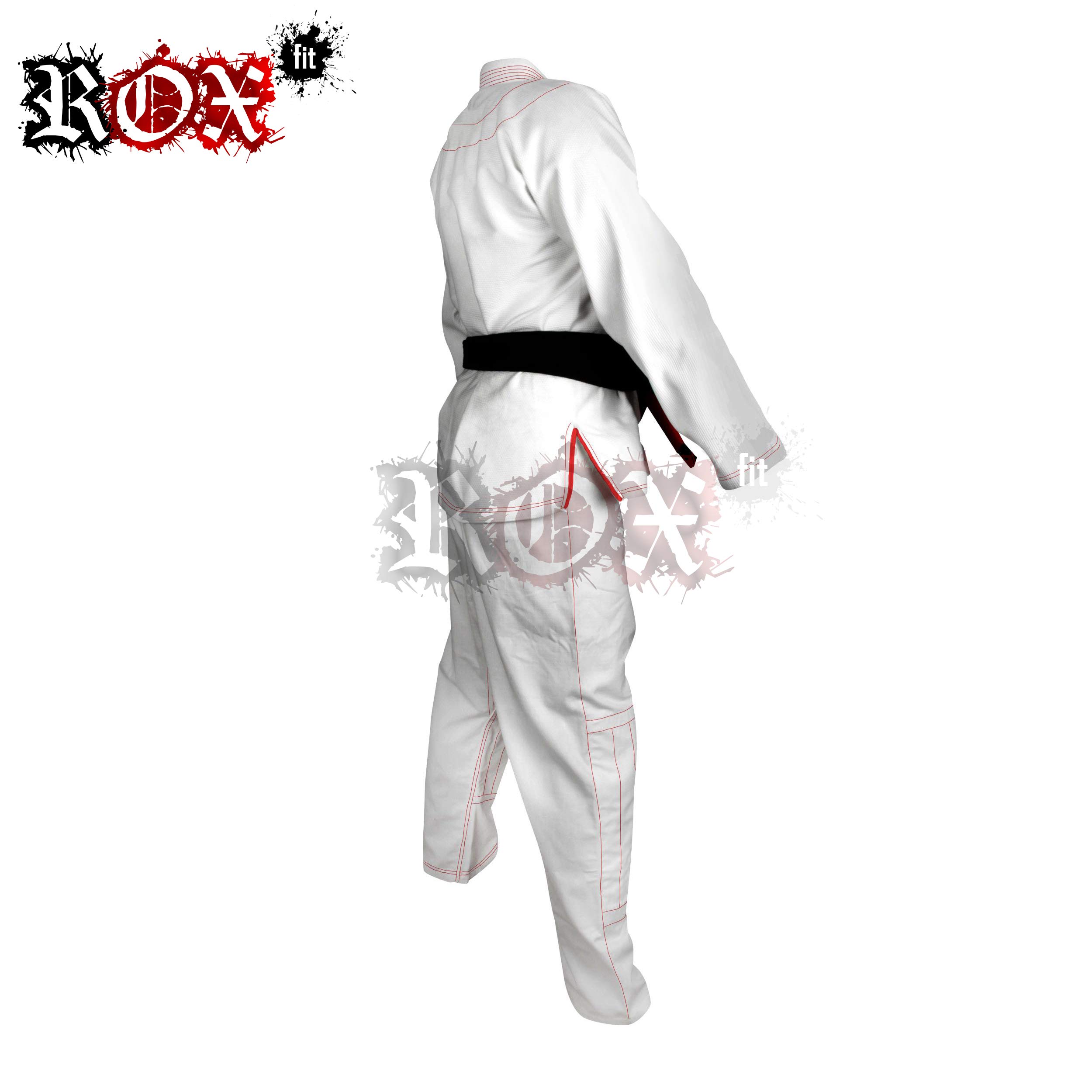 ROX Fit BJJ Gi Trajes con Blanco sin cinturón para Competencia Gi - Traje de Jiu-Jitsu brasileño, Color Blanco con Costuras Rojas, tamaño A2 White Suit with Red Stitching