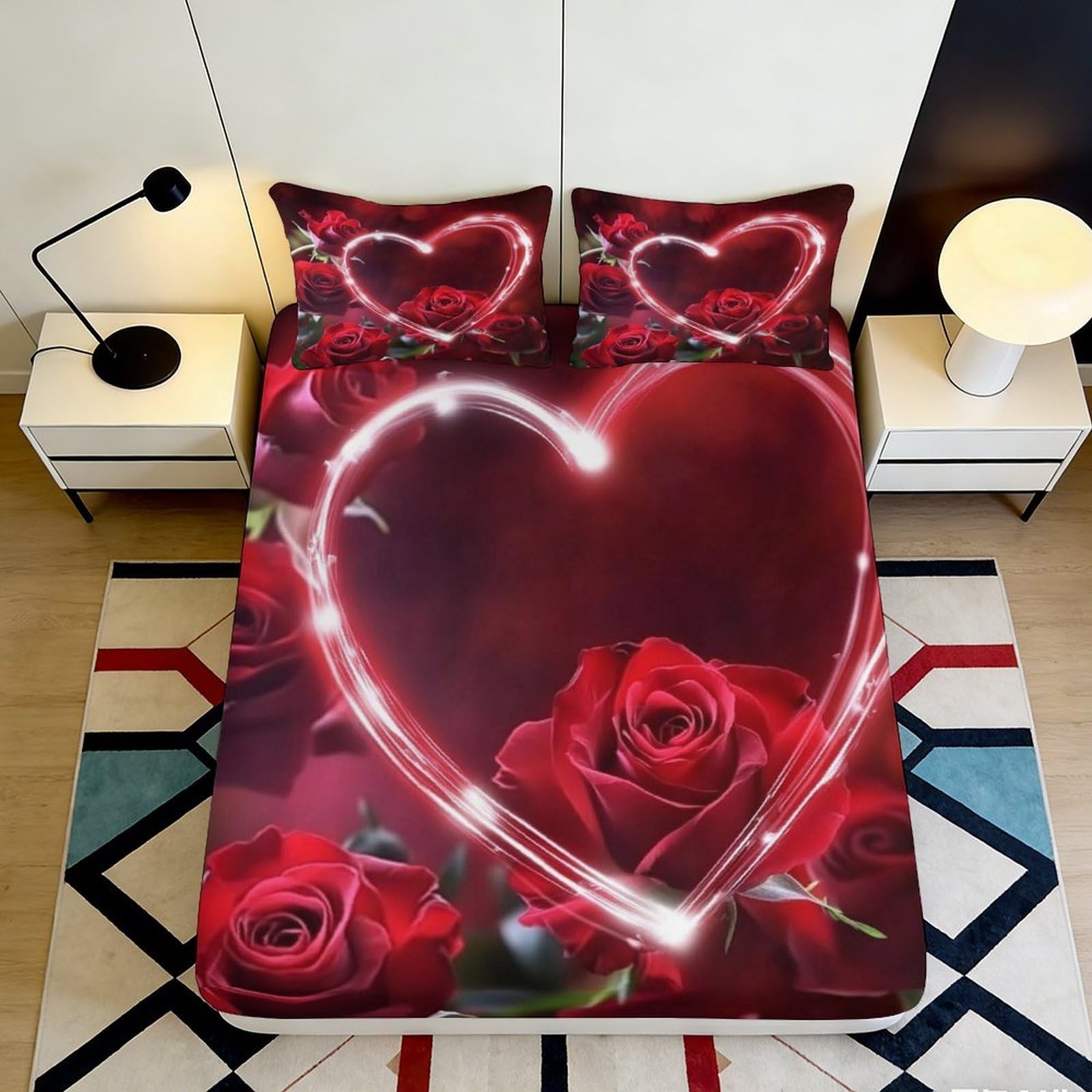 Jqzkxnhpbr Style-4 3D Printed Romantic Heart Fitted Sheet Microfiber Red Rose Bed Cover Anti-Slip Washable For Bedroom Guest Room Decor 90X200x25cm
