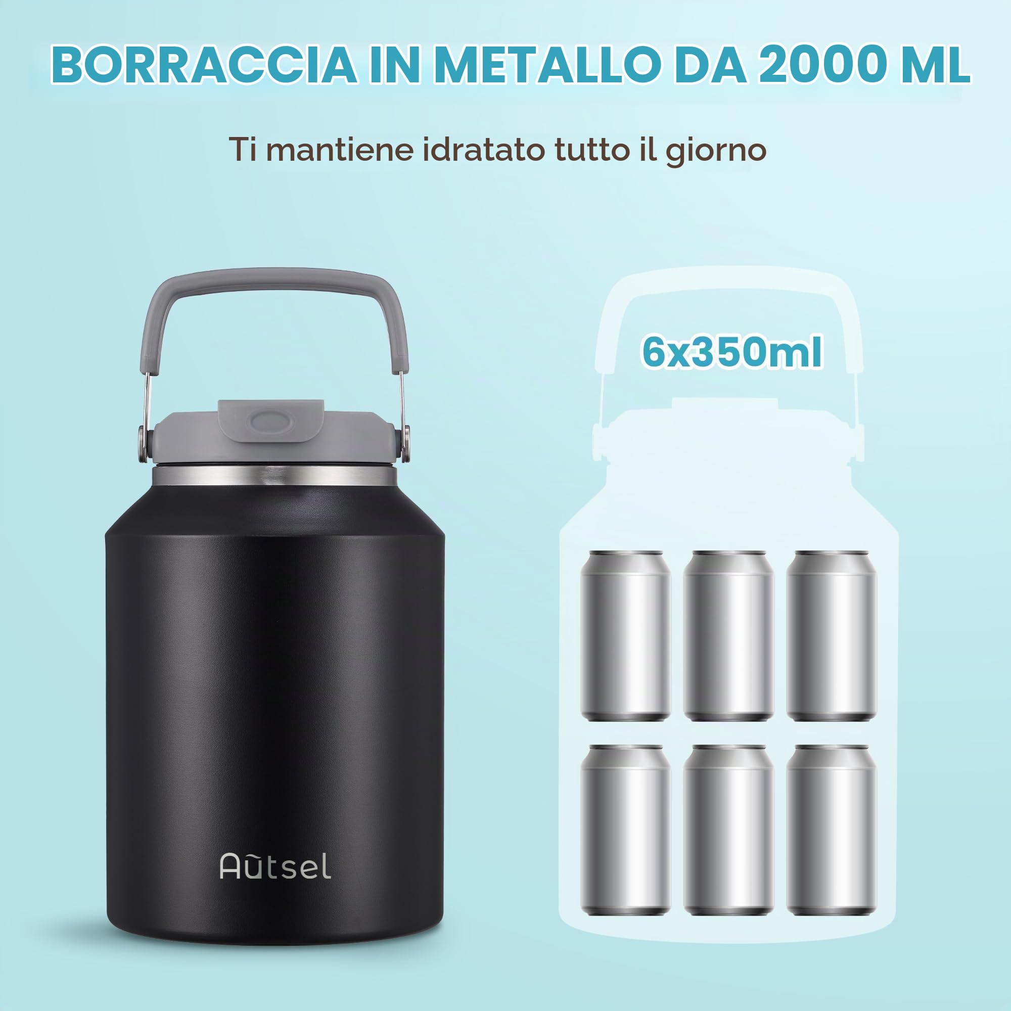 Borraccia Termica 2 litro Bottiglia Termica Senza Perdite Borraccia Palestra Sportiva in acciaio inox, rimanere fredde 24h o calde 12h, Senza BPA