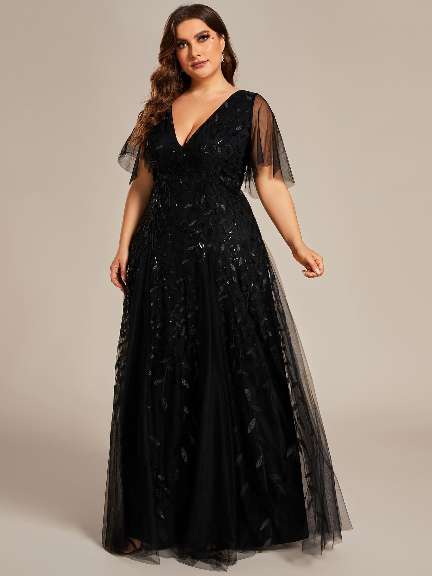 Ever-Pretty Abito da sera formale da donna con scollo a V e paillettes ricamate a una linea di lunghezza al pavimento con maniche