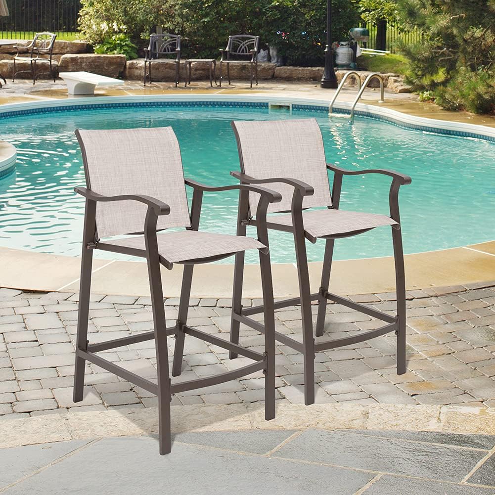Beige Aluminum Outdoor Counter Height Bar Stools Set of 2