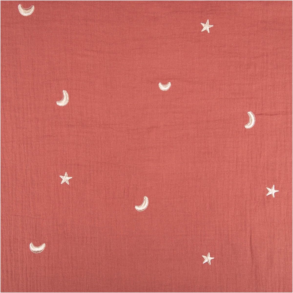 Muslin Double Gauze Stars Embroidery Stars Moon Red 1.35 m Wide Fabric Sold by the Metre Ideal for Sewing & DIY (135 cm Width)
