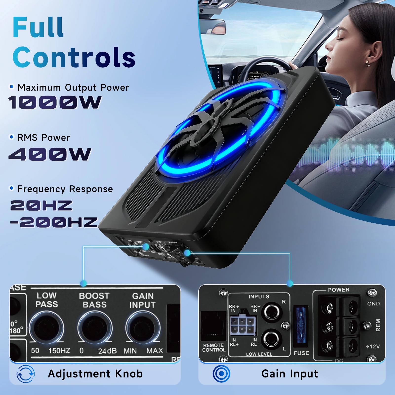 Hodozzy Caisson de Basse Voiture Fin sous, 1000W Subwoofer sous Le Siège de Voiture avec Amplificateur Audio Intégré, Caisson de Basse avec Entrée de Niveau Haut/Bas, Ambiance Bleu Couleur