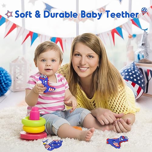 Miniatura 5 de Juguetes de silicona para la dentición del 4 de julio para bebés de 6 a 12 meses, dinosaurio rojo, blanco y azul, juguete de dentición para aliviar