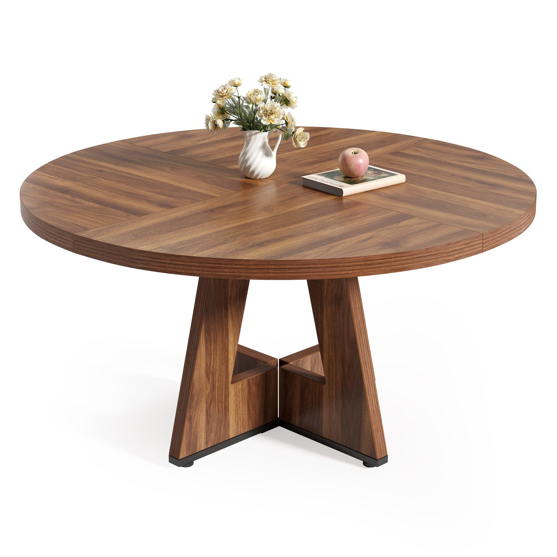 LITTLE TREE Runder Esstisch für 4–6 Personen, 120 cm Esszimmertisch mit Holzsockel, brauner Esstisch, runder Küchentisch für Esszimmer, Küche, Wohnzimmer (nur Tisch)