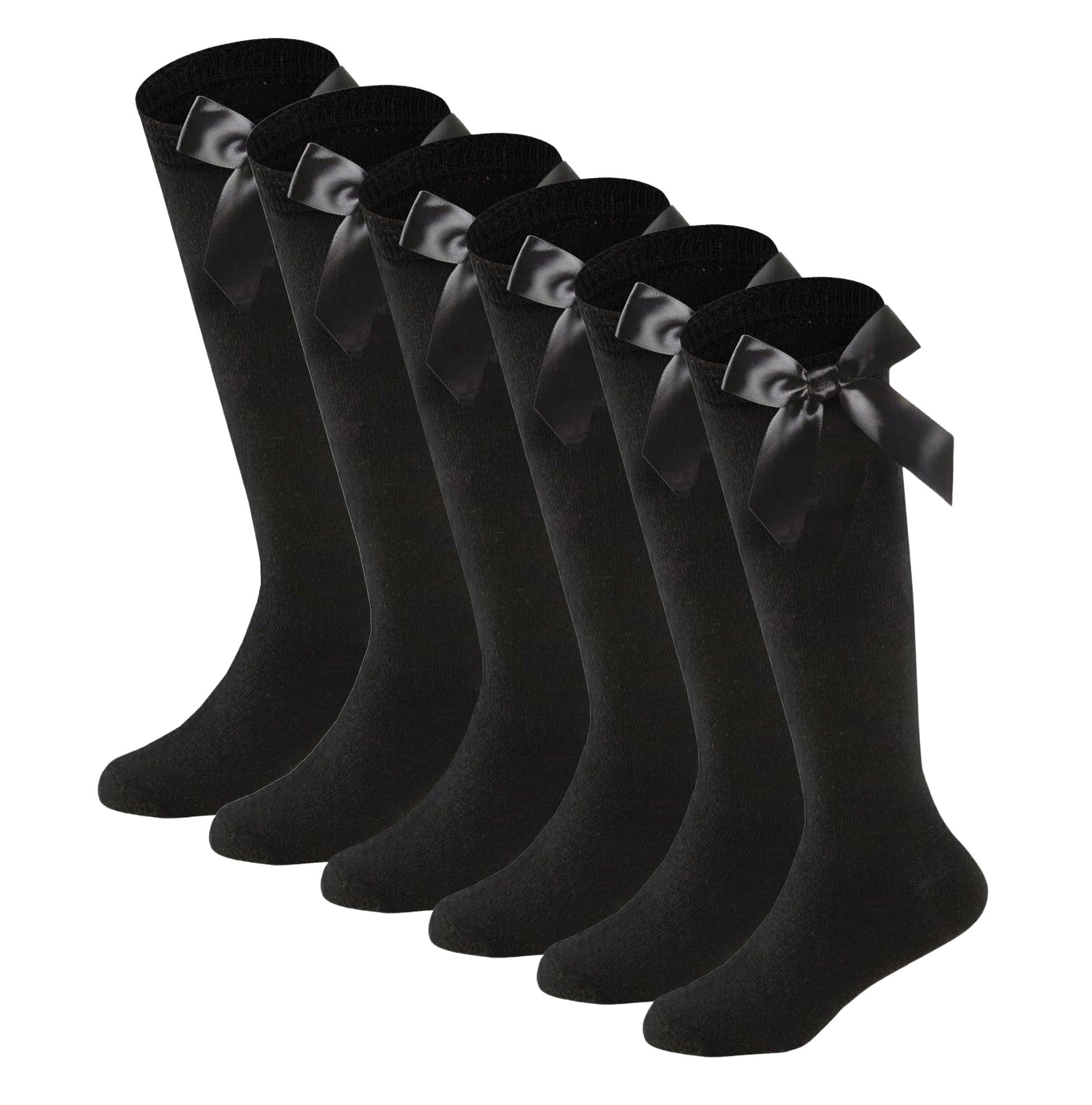 Bonjour Girls Black Back To School Six Pairs Knee High Socks With Bow, Cotton Rich Long Socks With Bow (10-13 Yrs, )