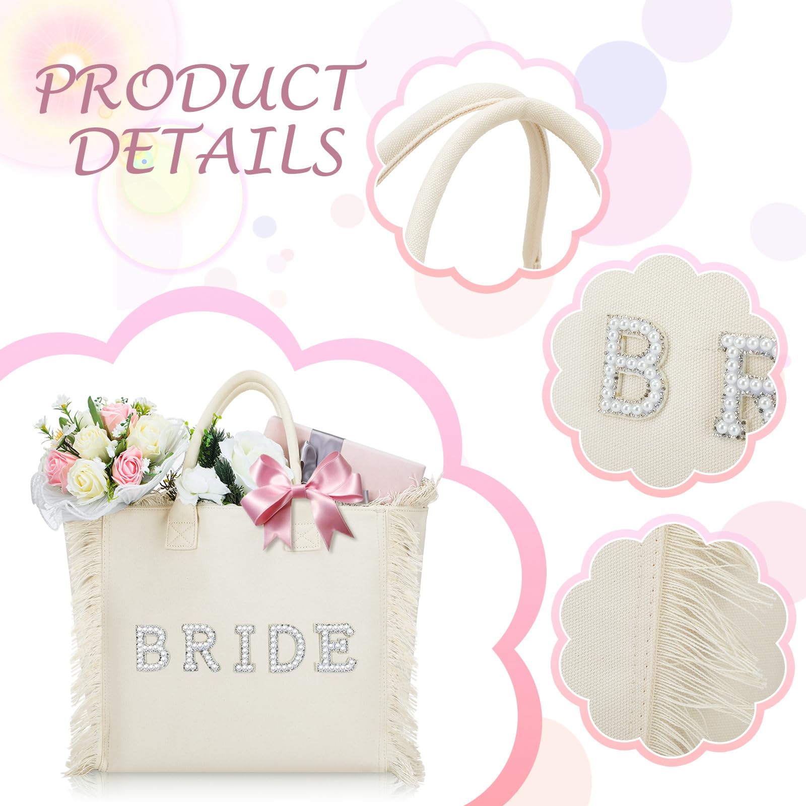 Bolsa de mano para regalos de novia en la playa, regalo grande de despedida de soltera, con perlas y diamantes de imitación, para compromiso, despedida de soltera, Beige 4