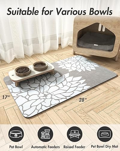 Miniatura 7 de MontVoo -Tapete de alimentación de mascotas, tapete absorbente de comida floral para gatos y perros, tapete para comida y agua, sin marca de agua,