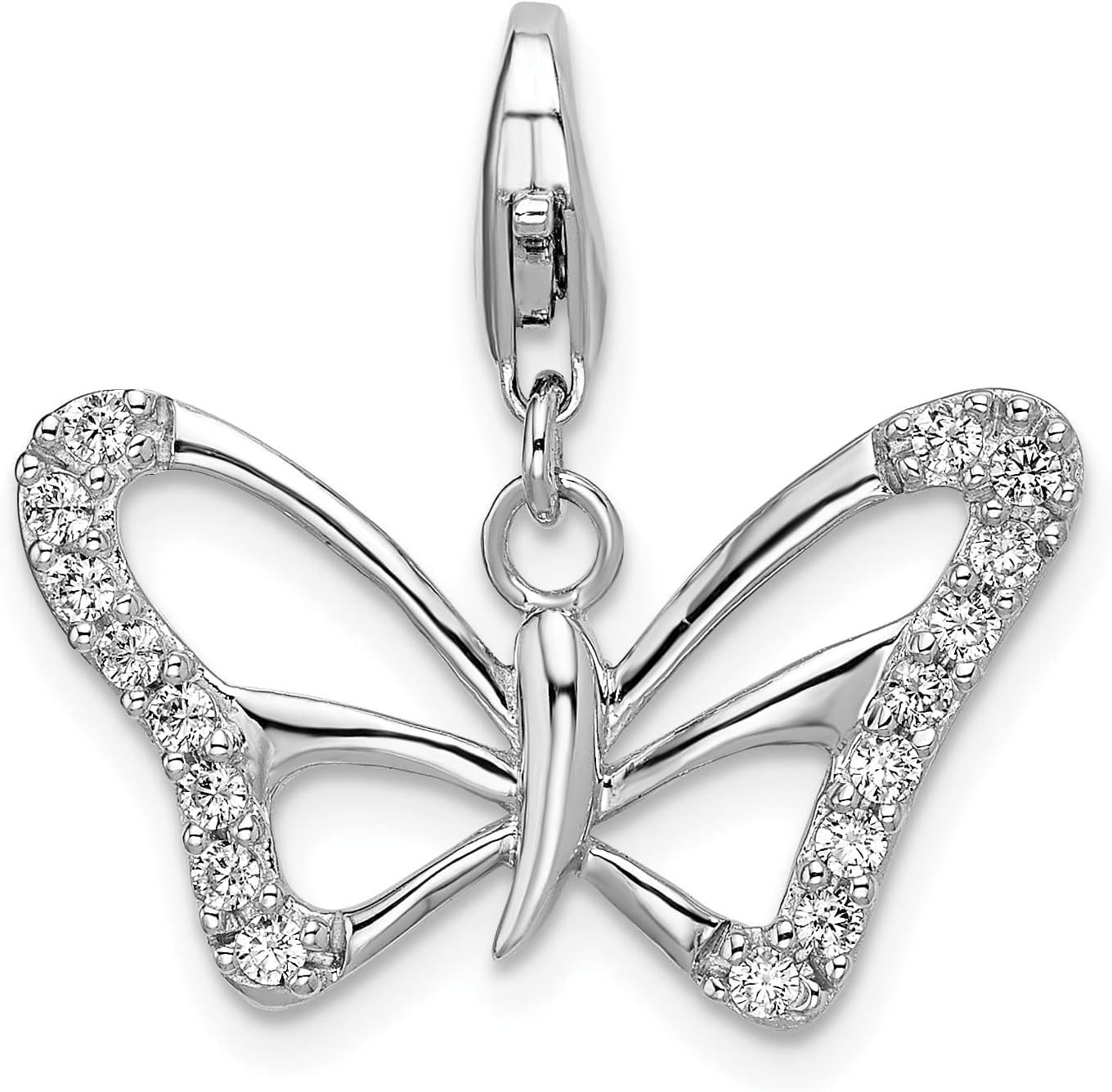 Solid 925 Sterling Silver Cubic Zirconia CZ Polished Butterfly Lobster Clasp Charm (0.91 x 1.22 Inches)