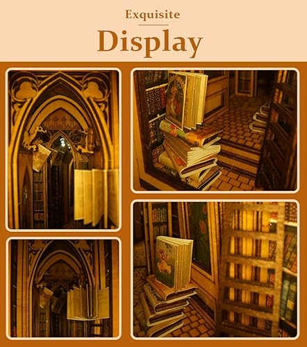 Miniatura 5 de CUTEBEE Kit de bricolaje para rincón de libros, soporte para libros, soporte para libros, kit de casa en miniatura con sensor de luz, rompecabezas