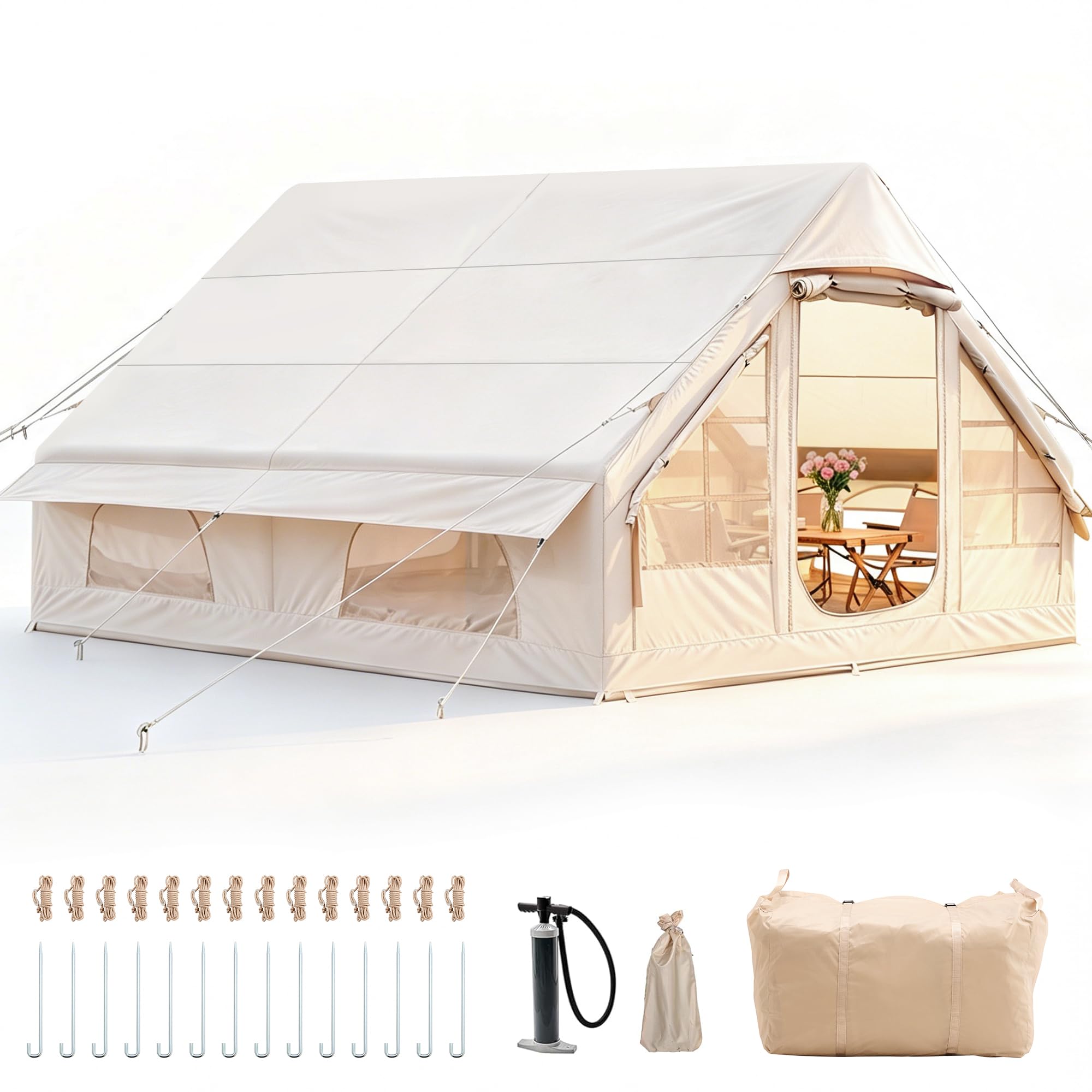 Aufblasbares Campingzelt mit Pumpe, 420D Oxford Glamping Aufblasbares Zelt für Camping, Wasserdicht bis 3100MM, 4 Saison Winddicht Kabinenzelt mit Mesh